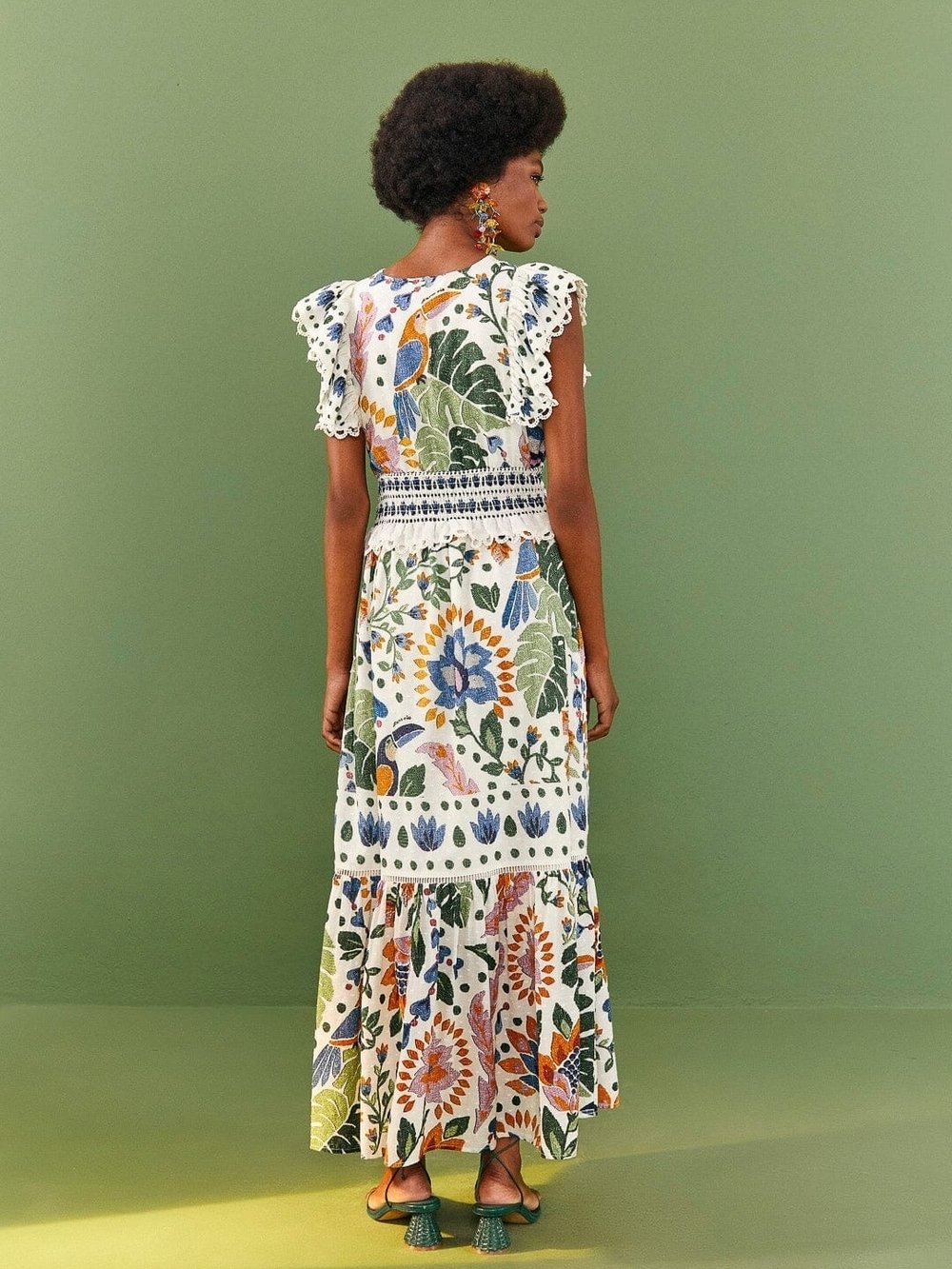 FARM Rio WHITE SUMMER GARDEN Maxi Dress with Multicolor Floral and Bird Print - Picture 3 of 4